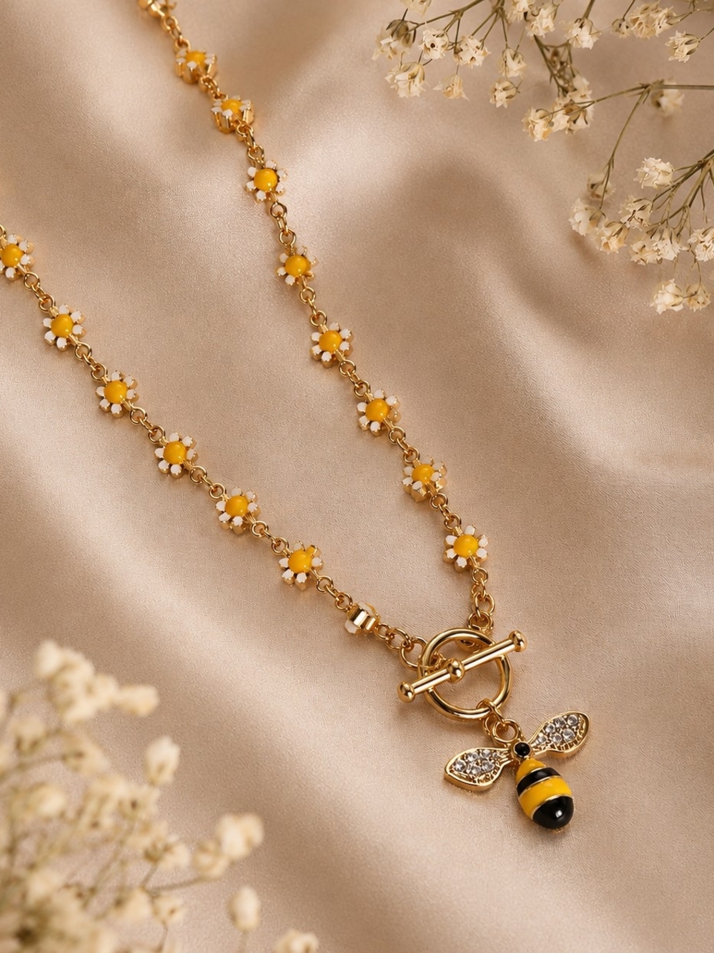 Gold Bee Pendant Necklace with Yellow Flower Chain